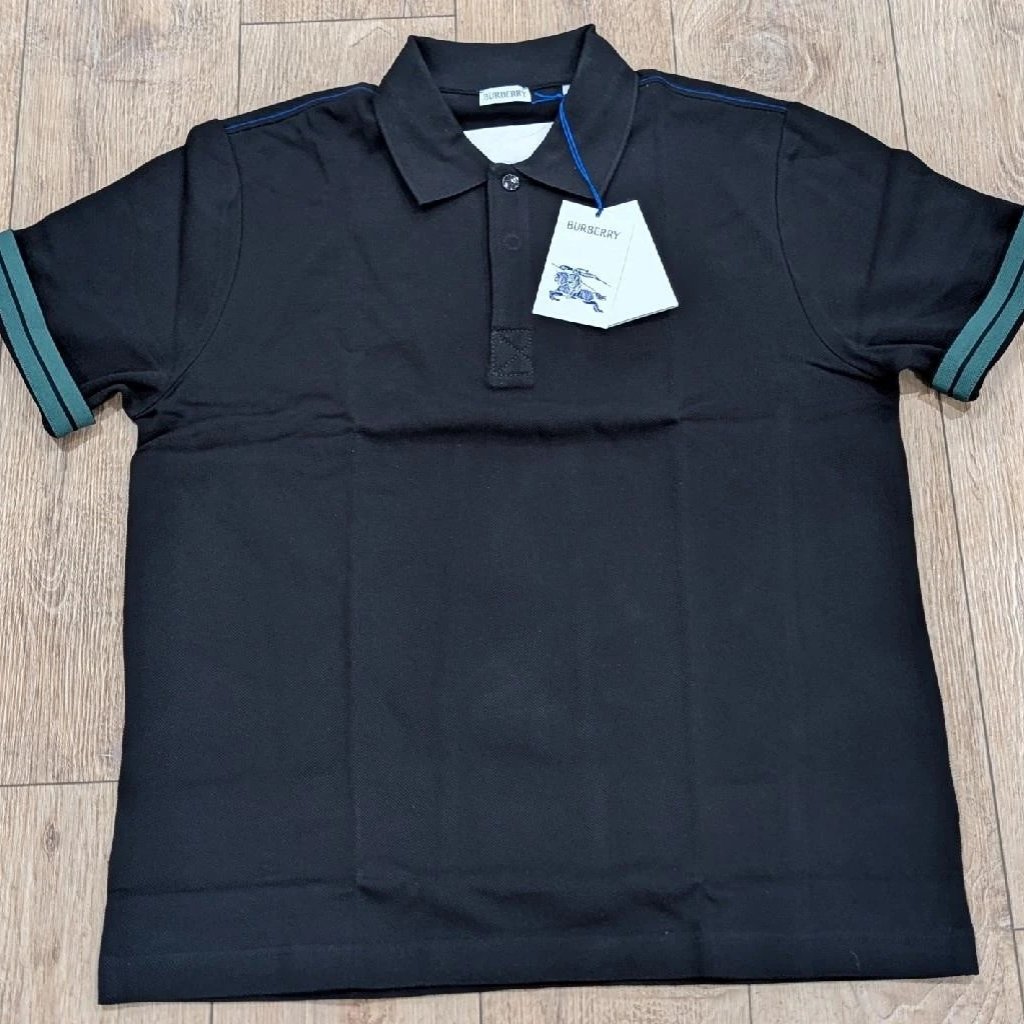 $660 Mens Burberry Contrast Cuff Pique Polo Shirt Black/Green Small